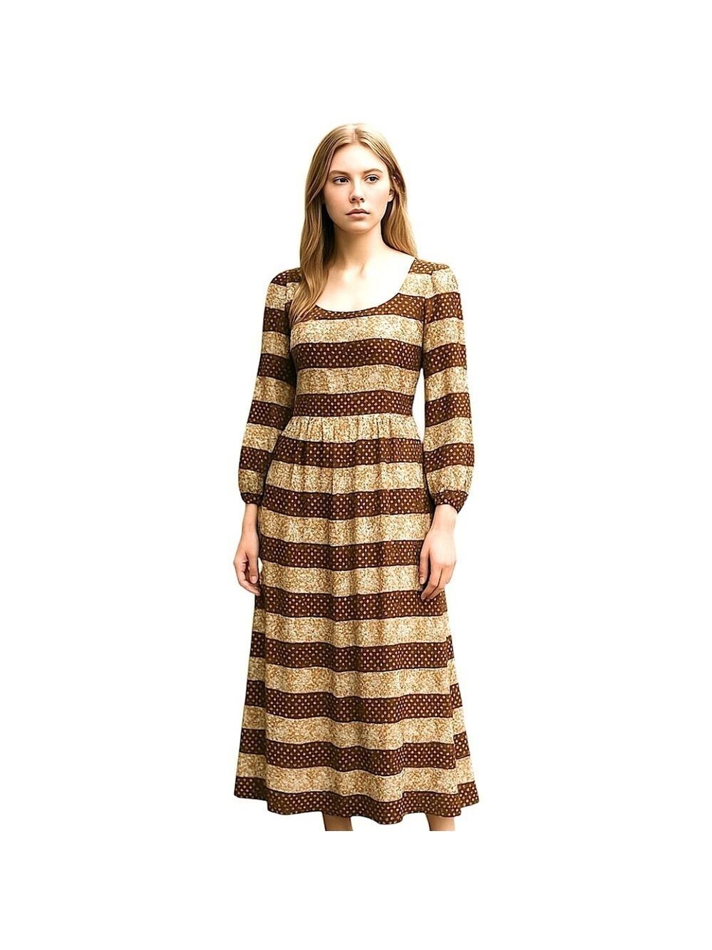 Vintage 70s Bohemian Maxi Dress Brown Floral Sz 36 (XS/S) Pleated Balloon Sleeve